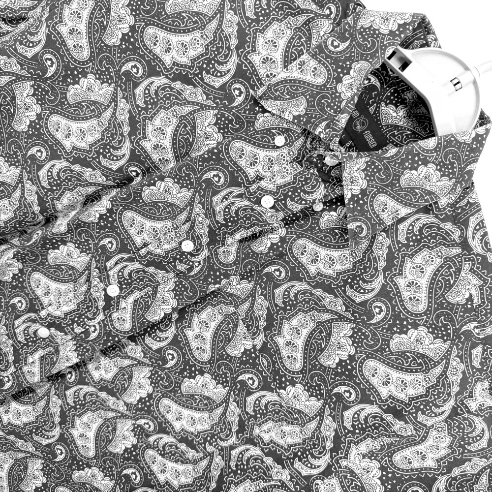 Alan Flusser Men Paisley Print Shirt Black White Large Short Sleeve Cotton